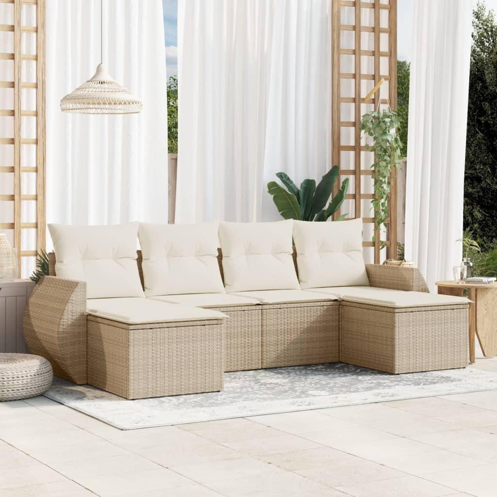 Sofasæt til haven 6 dele med hynder og opbevaring i polyrattan beige