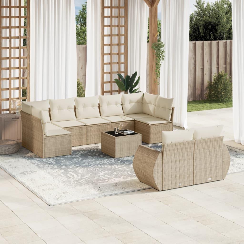 Sofasæt til haven 10 dele med hynder og opbevaring i polyrattan beige