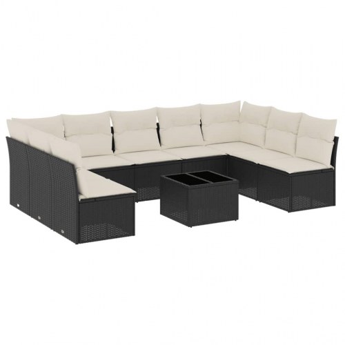 Sofasæt til haven i polyrattan - 10 dele med hynder, sort