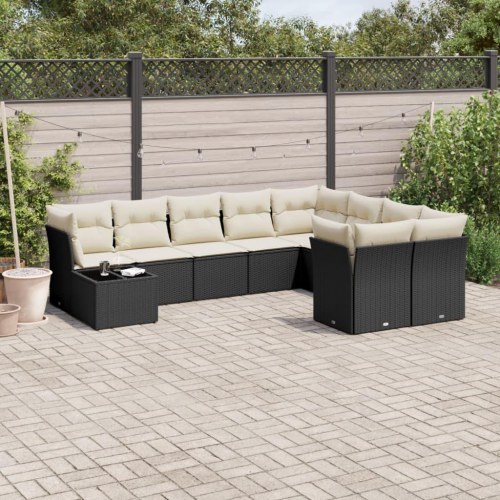 Sofasæt til haven i polyrattan - 10 dele med hynder, sort/creme