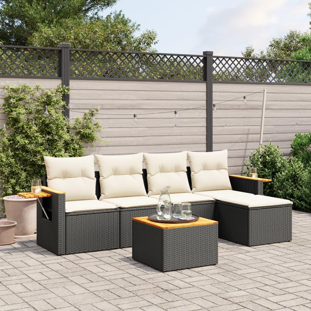 Sofasæt 5 Dele Med Hynder Polyrattan - Sort og cremefarvet / Med bord