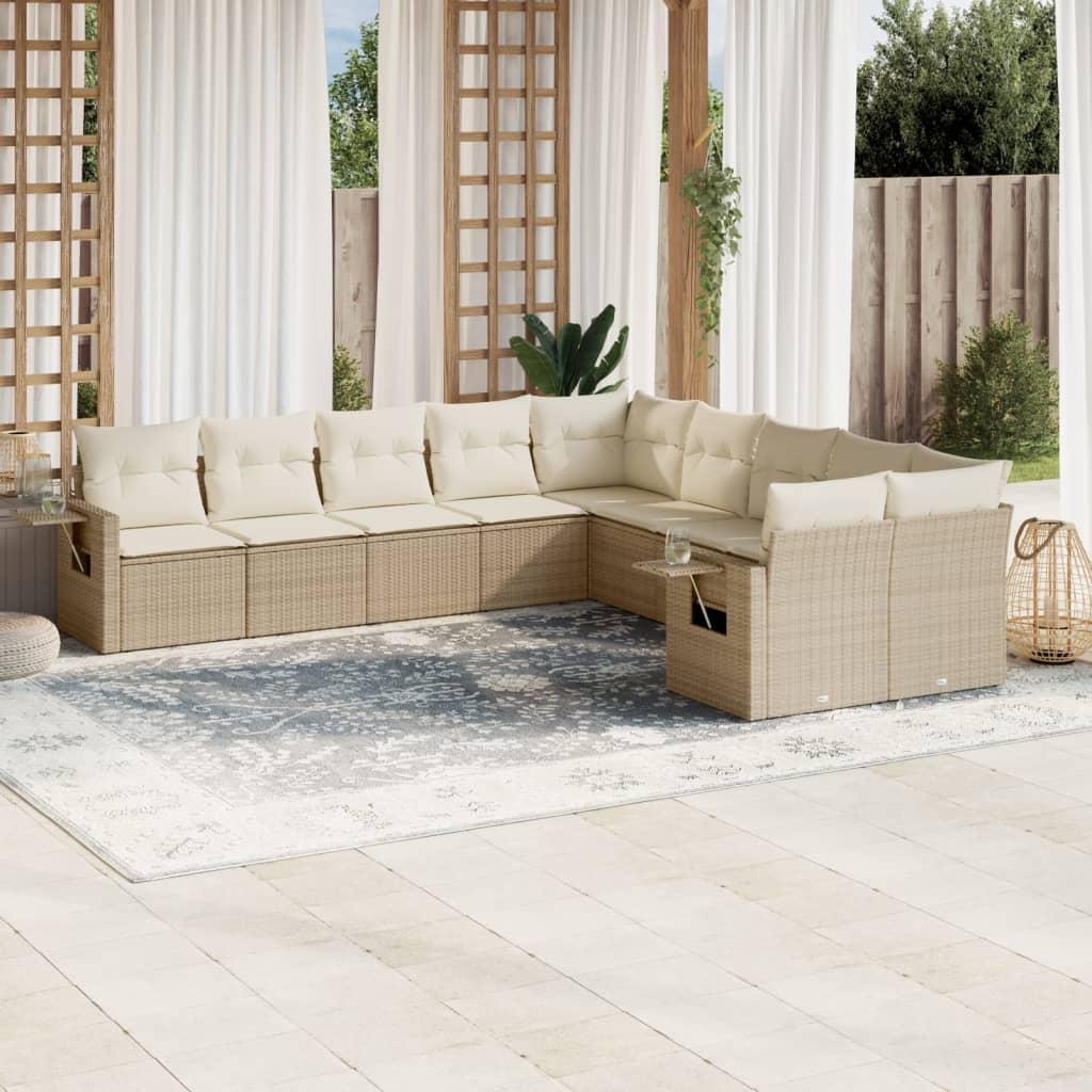 Sofasæt til haven i polyrattan - 10 dele med hynder, beige