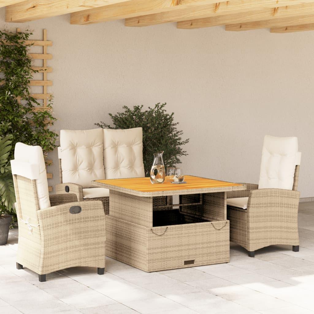 Spisebordssæt Til Haven 2 Dele Med Hynder Polyrattan Beige - 4 / Uden fodskammel / 110 cm bordlængde