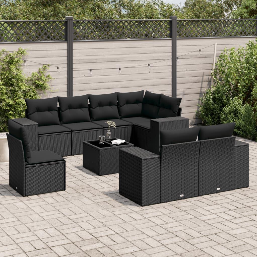 Sofasæt til haven i polyrattan - 9 dele med hynder, sort