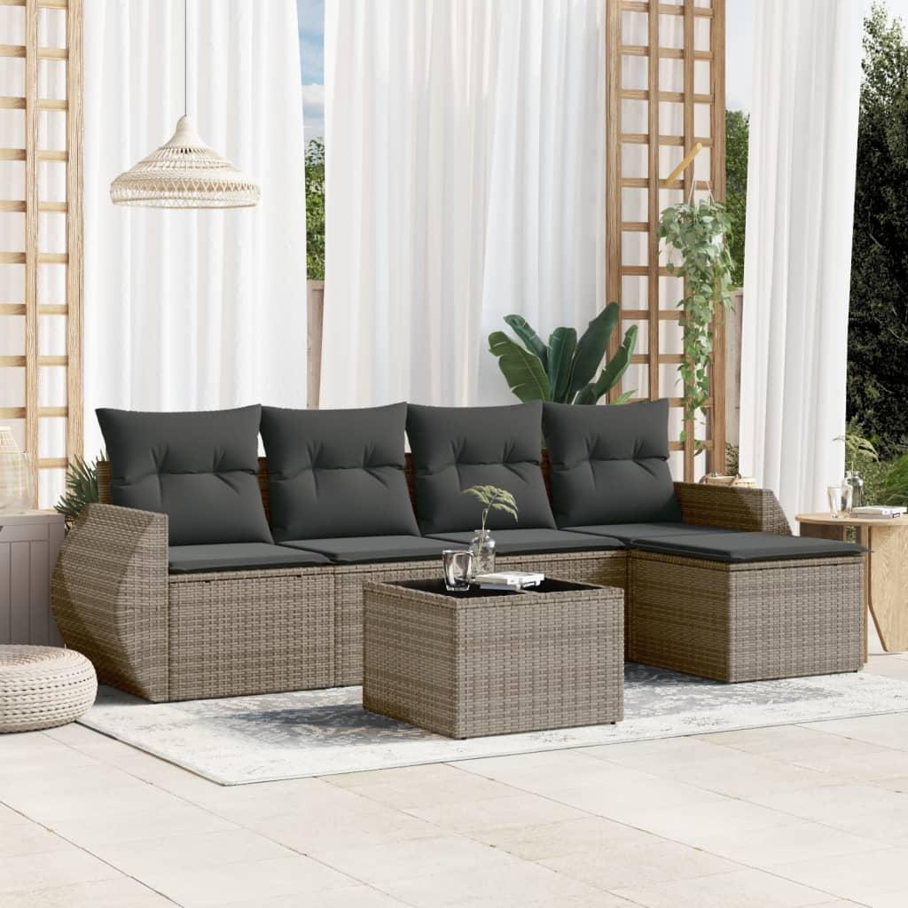 Sofasæt til haven - 6 dele med hynder i polyrattan, grå