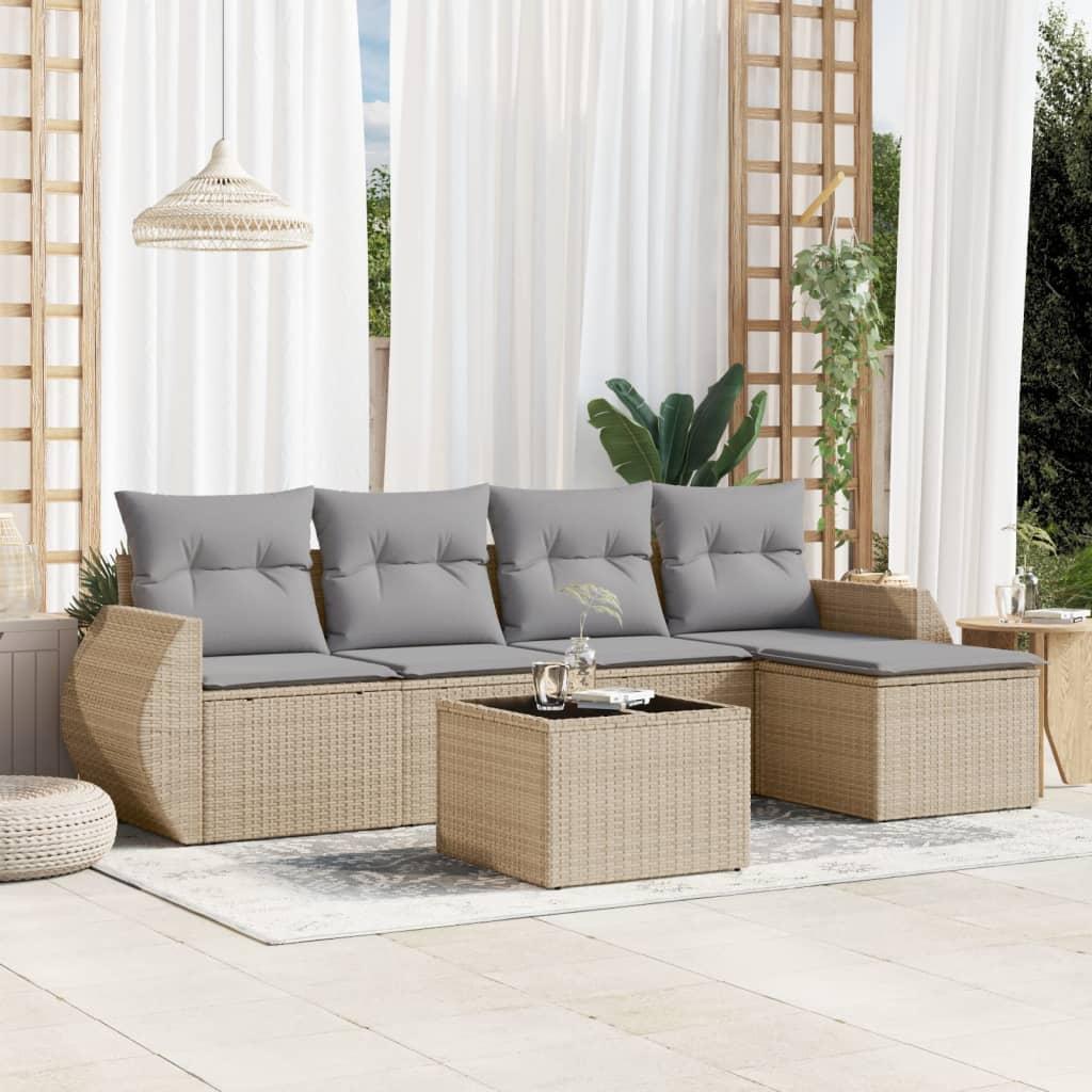 Sofasæt Til Haven 5 Dele Med Hynder Polyrattan Beige - beige og lysegrå / Med bord