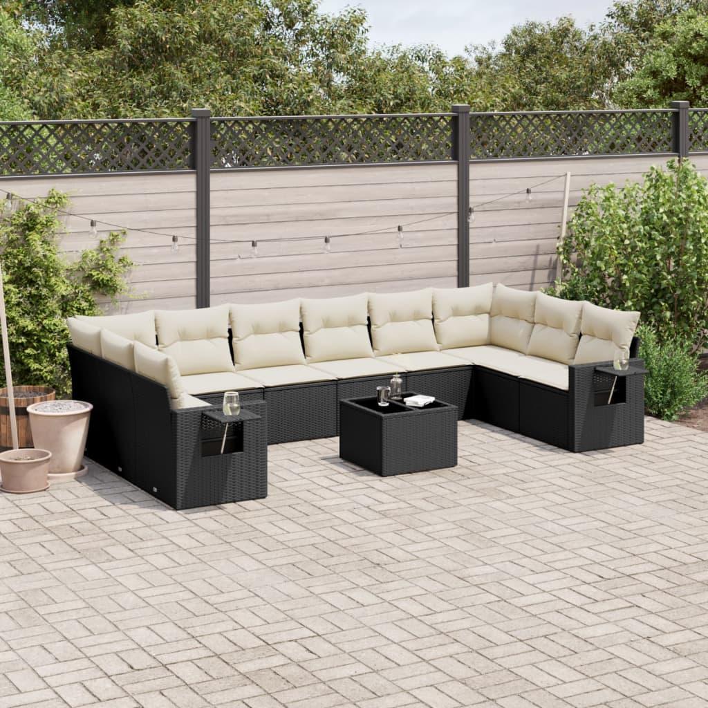 Sofasæt Til Haven 10 Dele Med Hynder Polyrattan Sort - Sort og cremefarvet / Uden bord