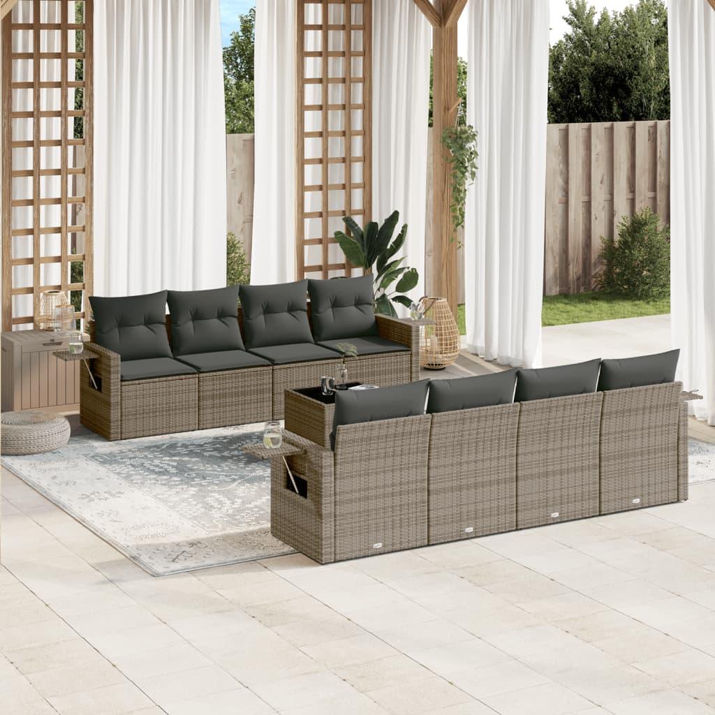 Sofasæt til haven i polyrattan - 9 dele med hynder, grå