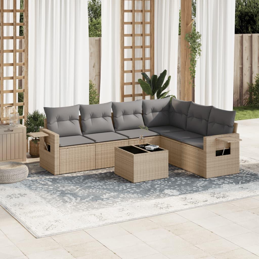 Sofasæt Til Haven 7 Dele Med Hynder Polyrattan - beige og grå / Med bord