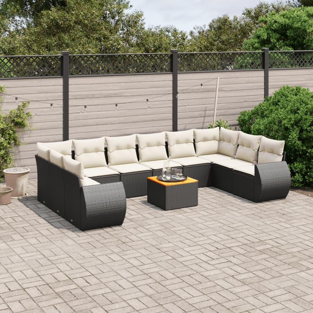 Sofasæt Til Haven 11 Dele Med Hynder Polyrattan - Sort og cremefarvet / 2x hjørnedel 6x midterdel bord