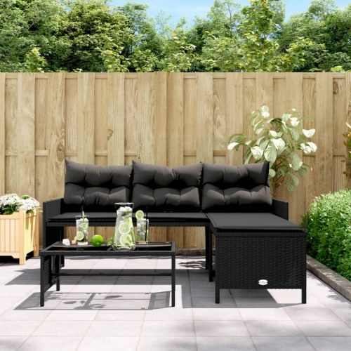 L-formet havesofa med bord og hynder i polyrattan - sort