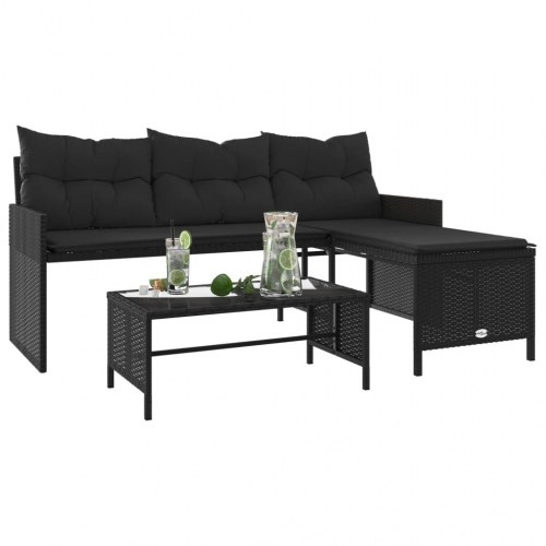 L-formet havesofa med bord og hynder i polyrattan - sort