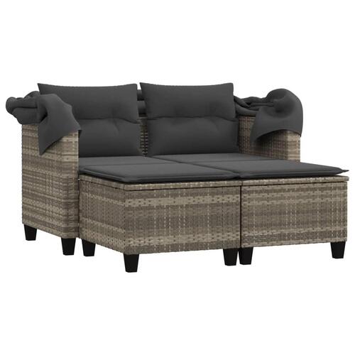 2-personers havesofa med baldakin og skamler polyrattan lysegrå