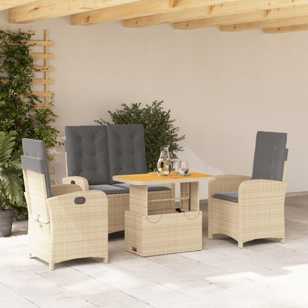 Spisebordssæt til haven i polyrattan - 4 dele med hynder, beige