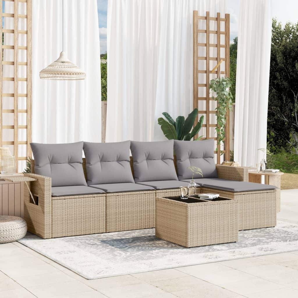 Sofasæt Til Haven 6 Dele Med Hynder Polyrattan - beige og grå / Med bord