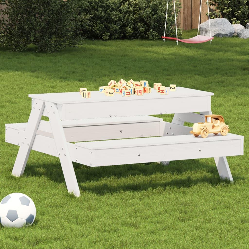 Picnicbord med sandkasse til børn massivt fyrretræ hvid