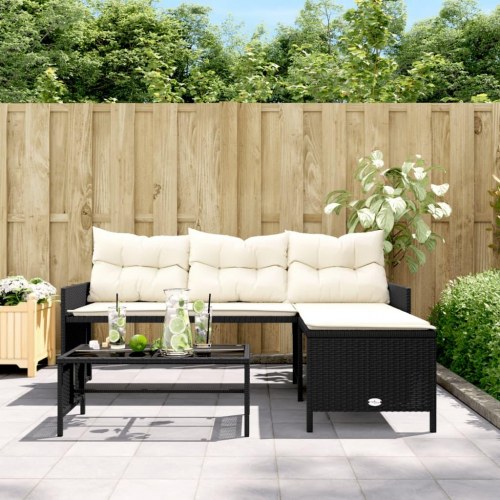 Havesofa med bord og hynder L-formet polyrattan - sort