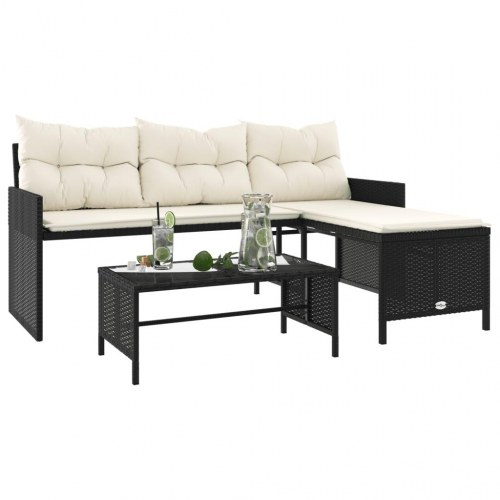 Havesofa med bord og hynder L-formet polyrattan - sort
