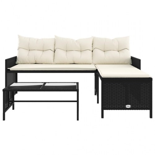 Havesofa med bord og hynder L-formet polyrattan - sort