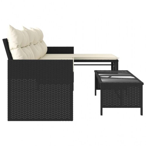 Havesofa med bord og hynder L-formet polyrattan - sort