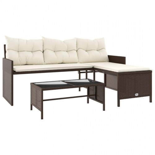 L-formet havesofa med bord og hynder i polyrattan - brun/creme