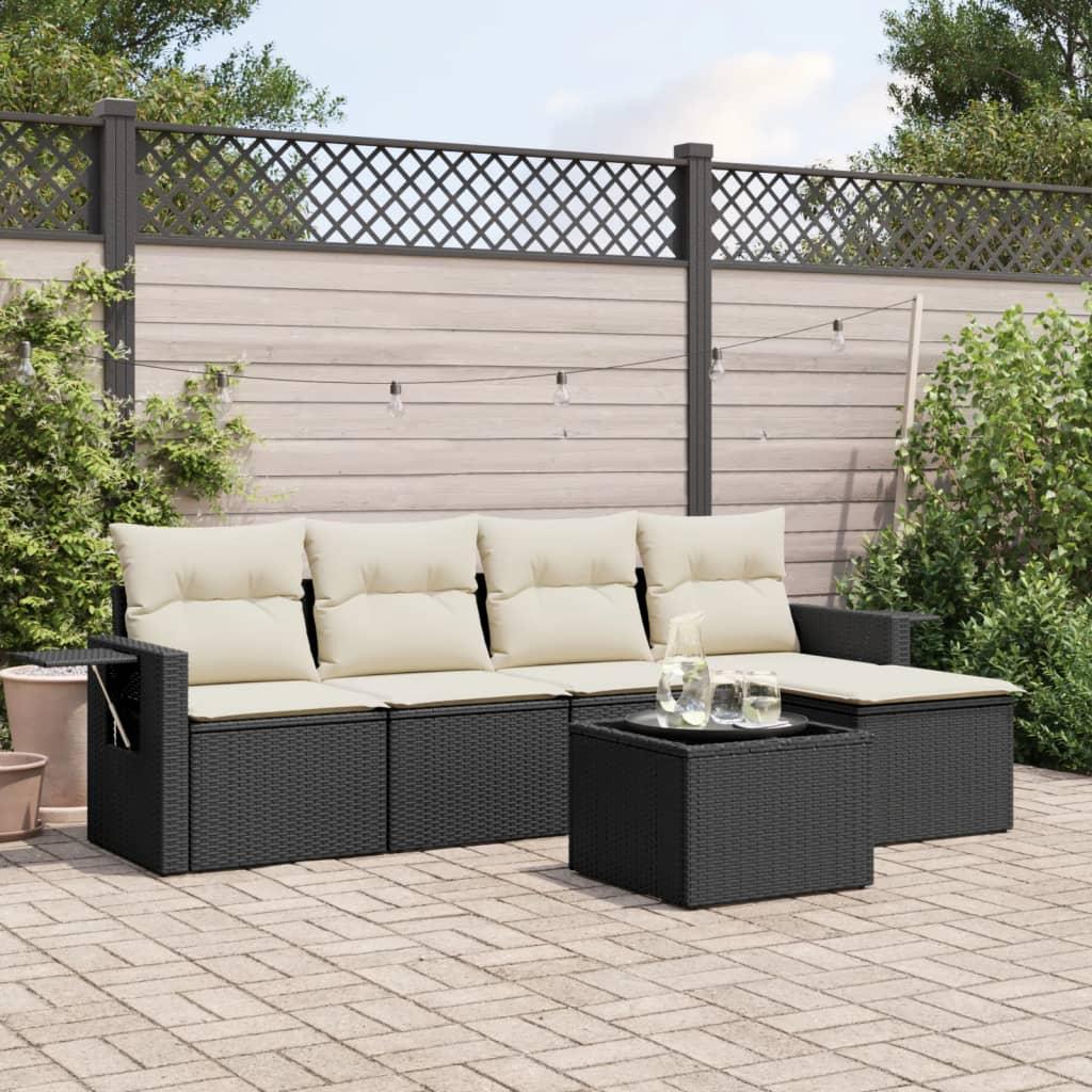 Sofasæt Til Haven 6 Dele Med Hynder Polyrattan - Sort og cremefarvet / Med bord