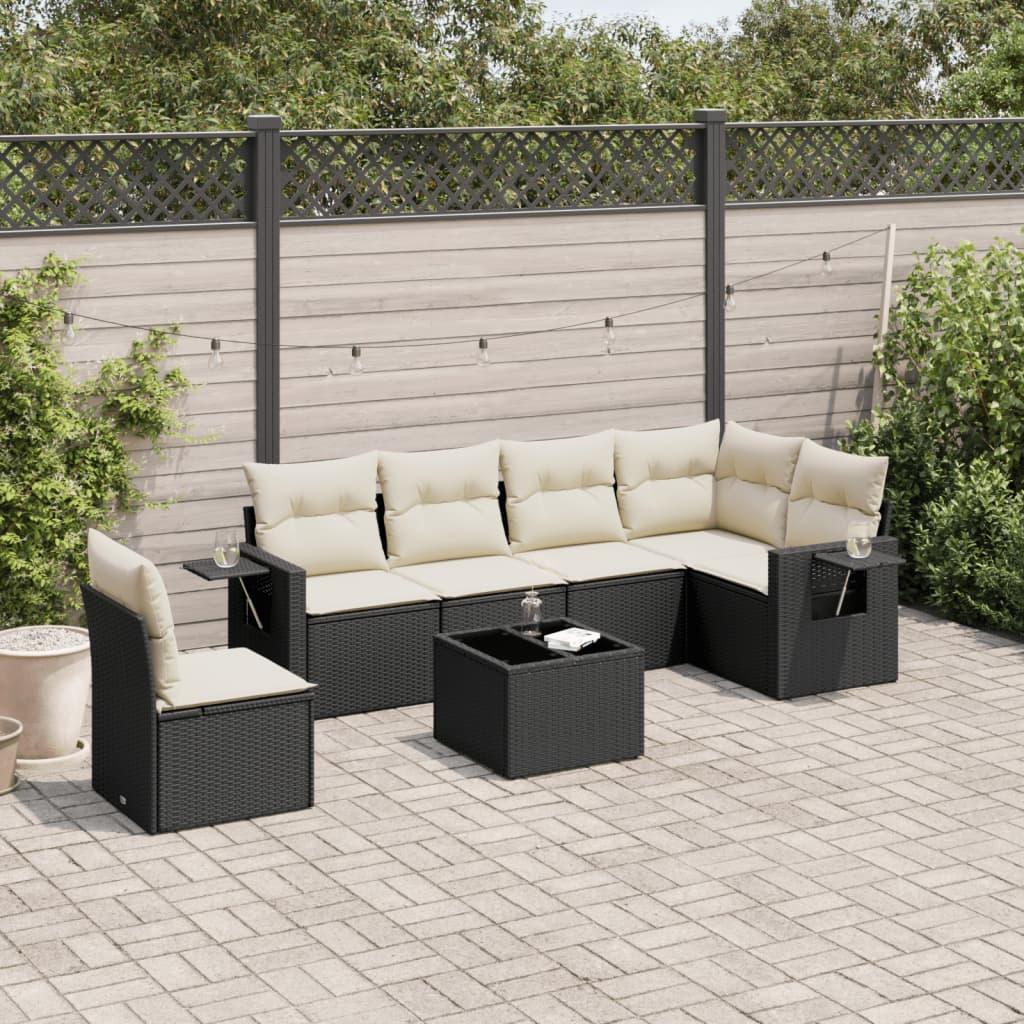 Sofasæt Til Haven 7 Dele Med Hynder Polyrattan - Sort og cremefarvet / Med bord