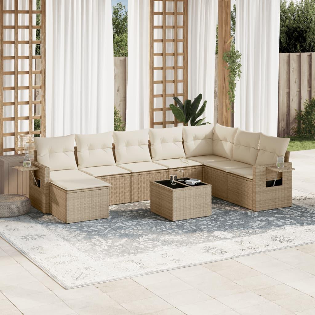 Sofasæt til haven i polyrattan - 9 dele med hynder, beige