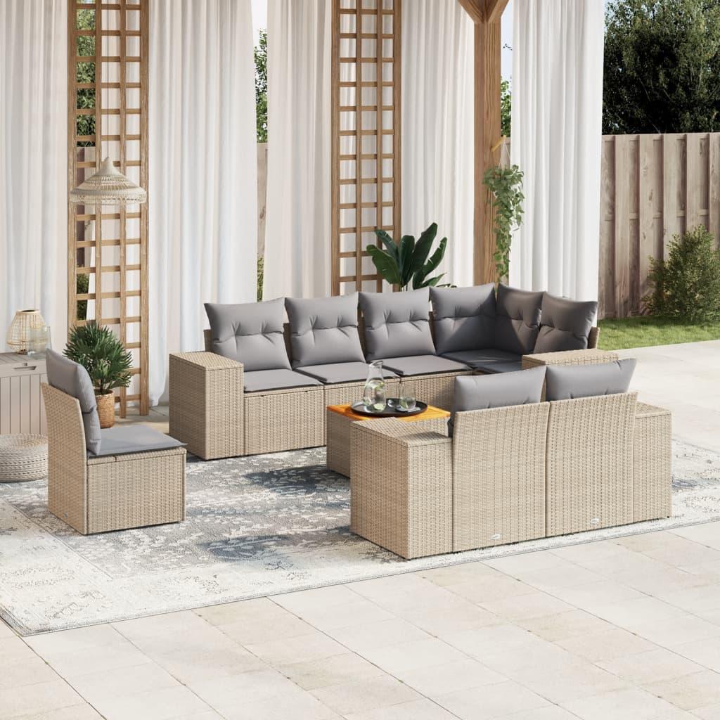 Sofasæt Til Haven 9 Dele Med Hynder Polyrattan - beige og lysegrå / 3x midterdel hjørnedel bord