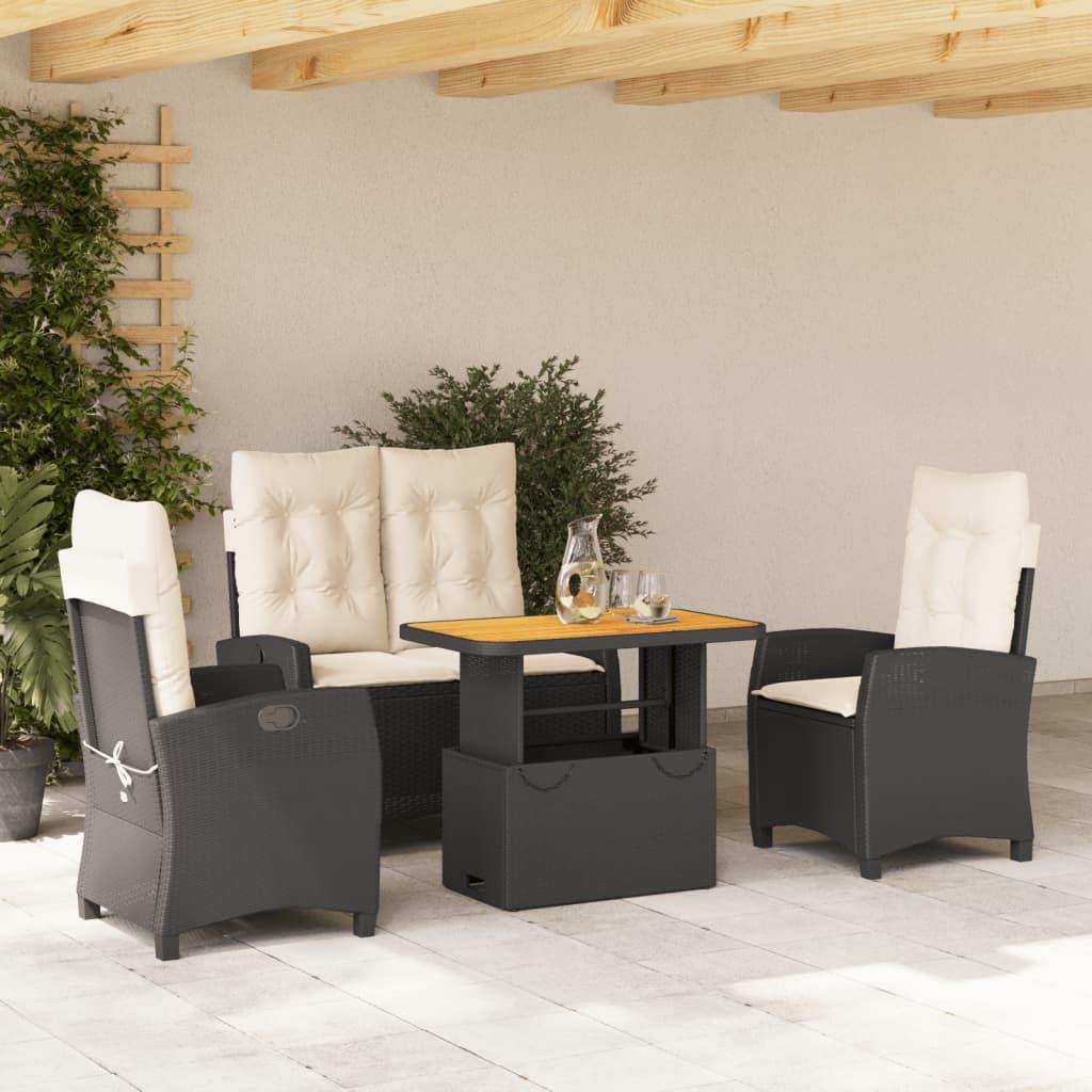Spisebordssæt Til Haven 3 Dele Med Hynder Polyrattan Sort - 4 / Uden fodskammel / 90 cm bordlængde