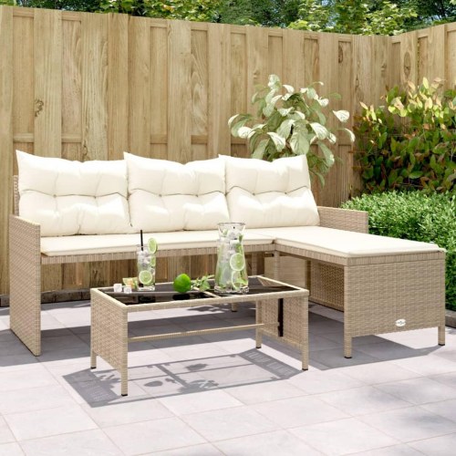 L-formet havesofa med bord og hynder i polyrattan - beige