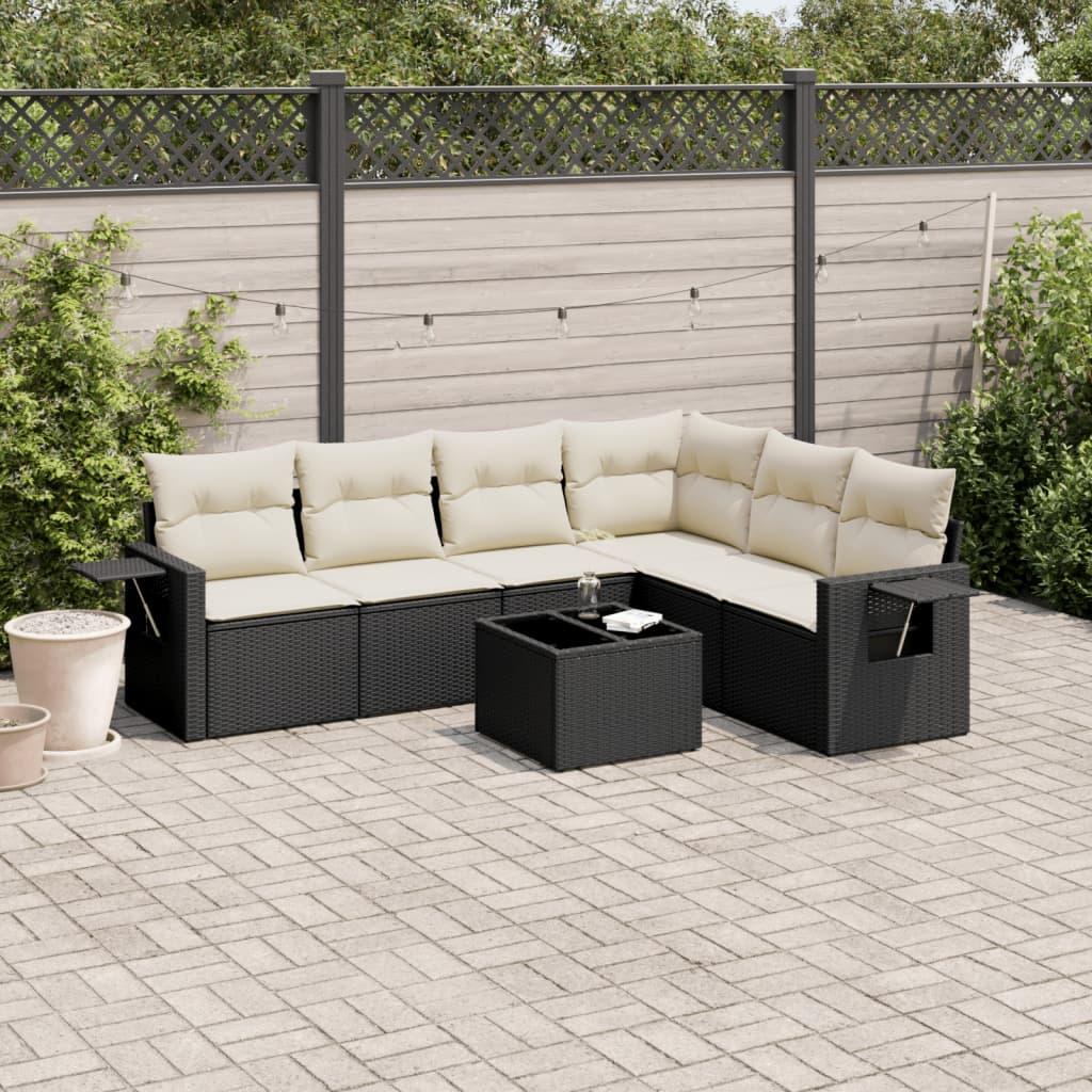 Sofasæt Til Haven 7 Dele Med Hynder Polyrattan - Sort og cremefarvet / Med bord
