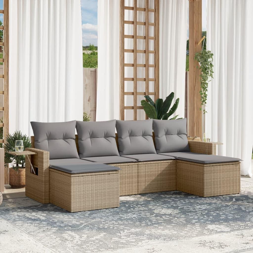Sofasæt til haven i polyrattan - 6 dele med hynder, beige