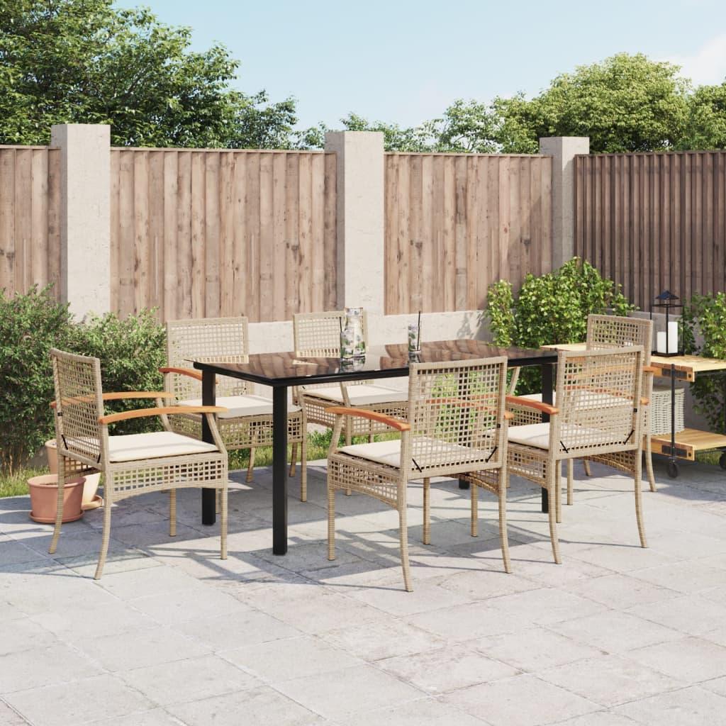 Spisebordssæt til haven - 7 dele med hynder i polyrattan, beige