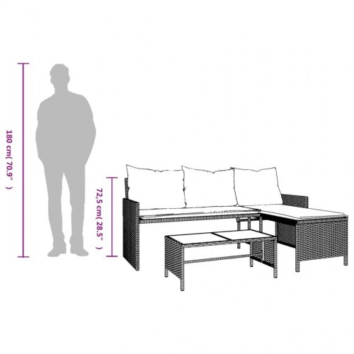 L-formet havesofa med bord og hynder i polyrattan - grå