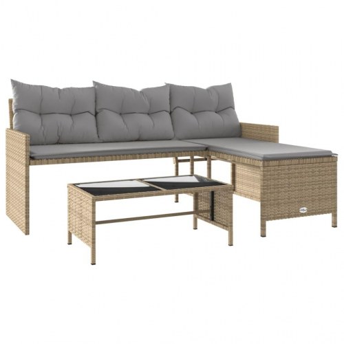 L-formet havesofa med bord og hynder i polyrattan - beige/lysegrå