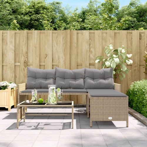 L-formet havesofa med bord og hynder i polyrattan - beige/lysegrå