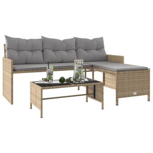 L-formet havesofa med bord og hynder i polyrattan - beige/lysegrå