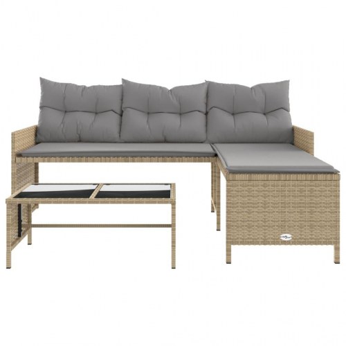 L-formet havesofa med bord og hynder i polyrattan - beige/lysegrå