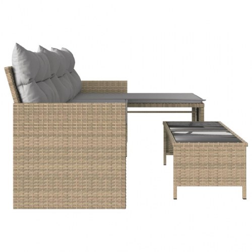 L-formet havesofa med bord og hynder i polyrattan - beige/lysegrå