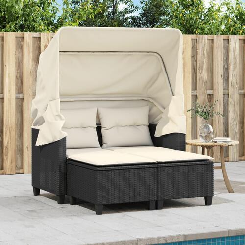2-personers havesofa med baldakin og skamler polyrattan sort