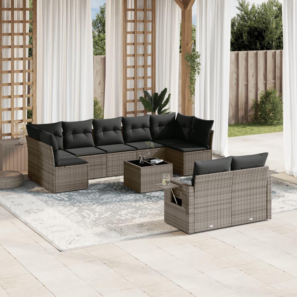 Sofasæt til haven i polyrattan - 10 dele med hynder, grå