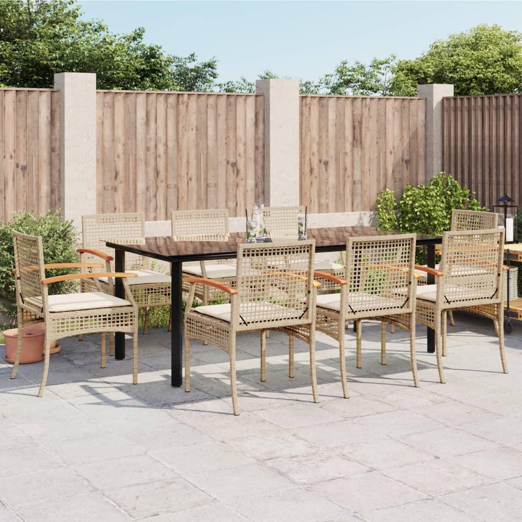 Spisebordssæt til haven 9 dele med hynder - polyrattan, beige