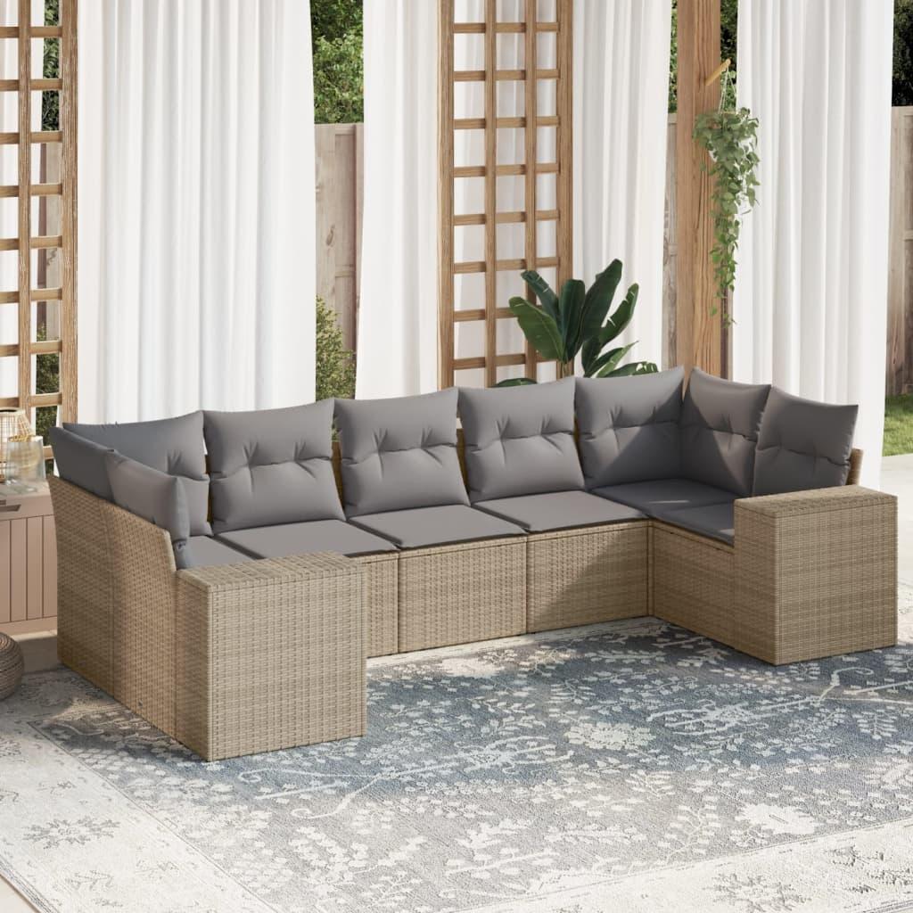 Sofasæt Til Haven 7 Dele Med Hynder Polyrattan - beige og lysegrå