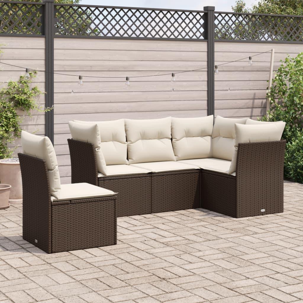 Sofasæt Til Haven 5 Dele Med Hynder Polyrattan Sort - Brun og cremefarvet / Uden bord