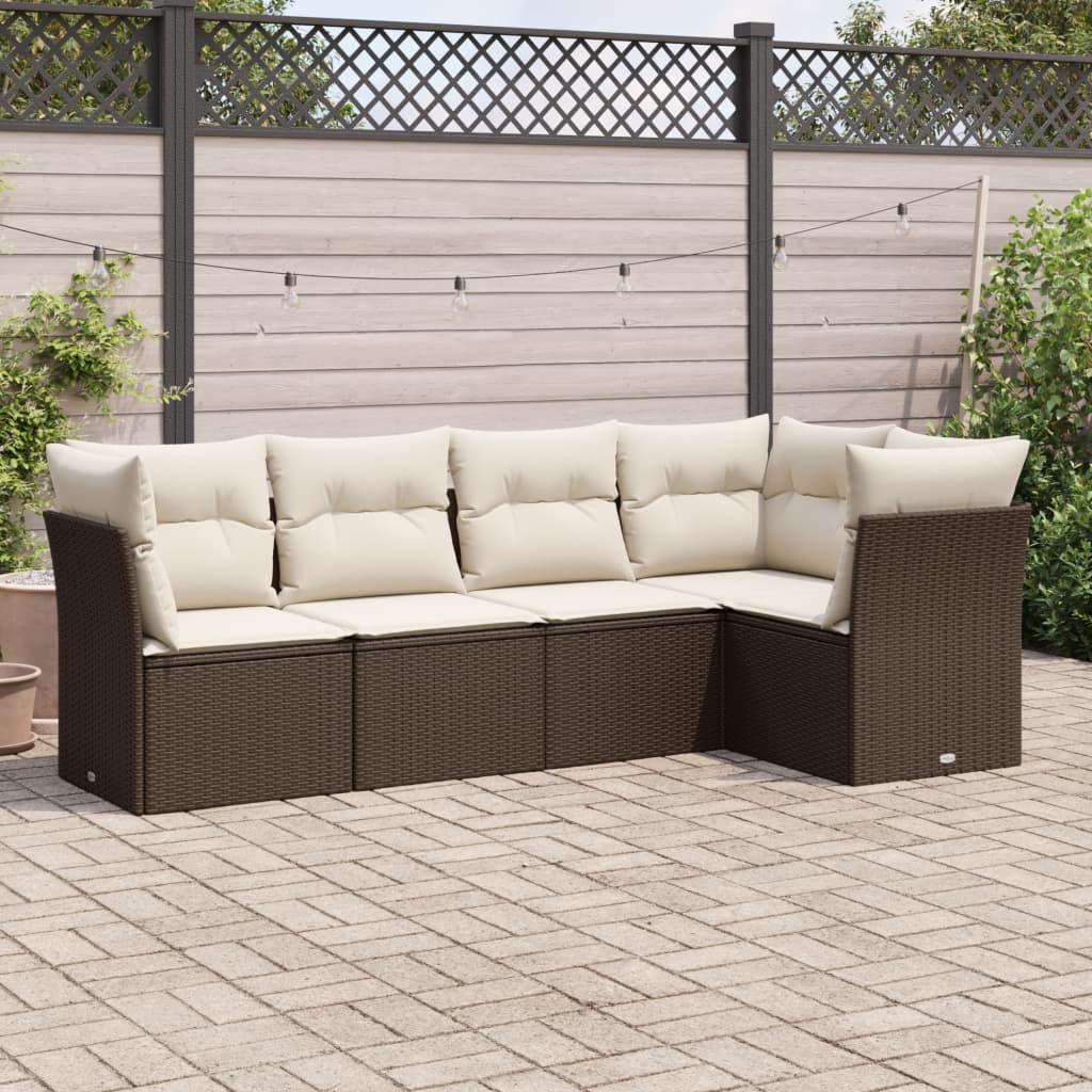 Sofasæt Til Haven 5 Dele Med Hynder Polyrattan Sort - Brun og cremefarvet / Uden bord