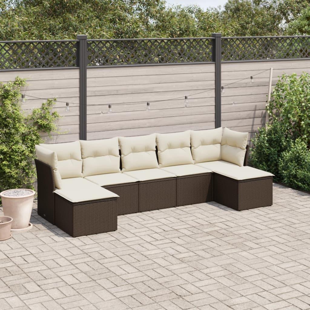Sofasæt til haven i polyrattan - 7 dele med hynder, brun/creme