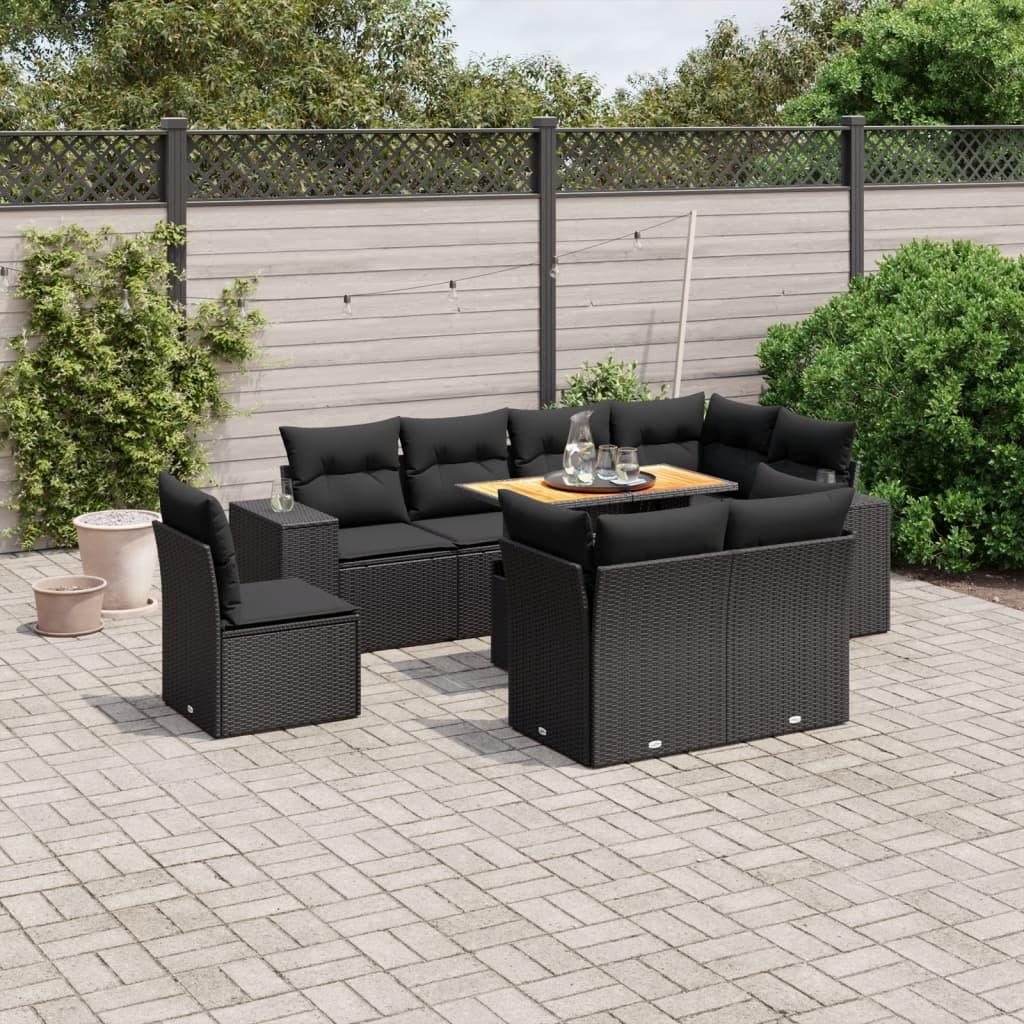 Sofasæt til haven i polyrattan - 9 dele med hynder, sort