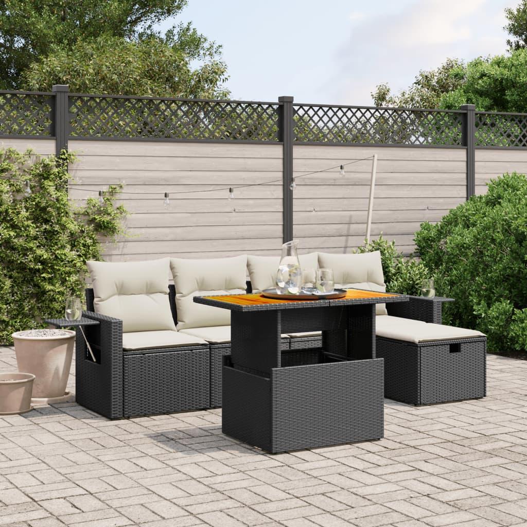 Sofasæt til haven - 6 dele med hynder i polyrattan, sort