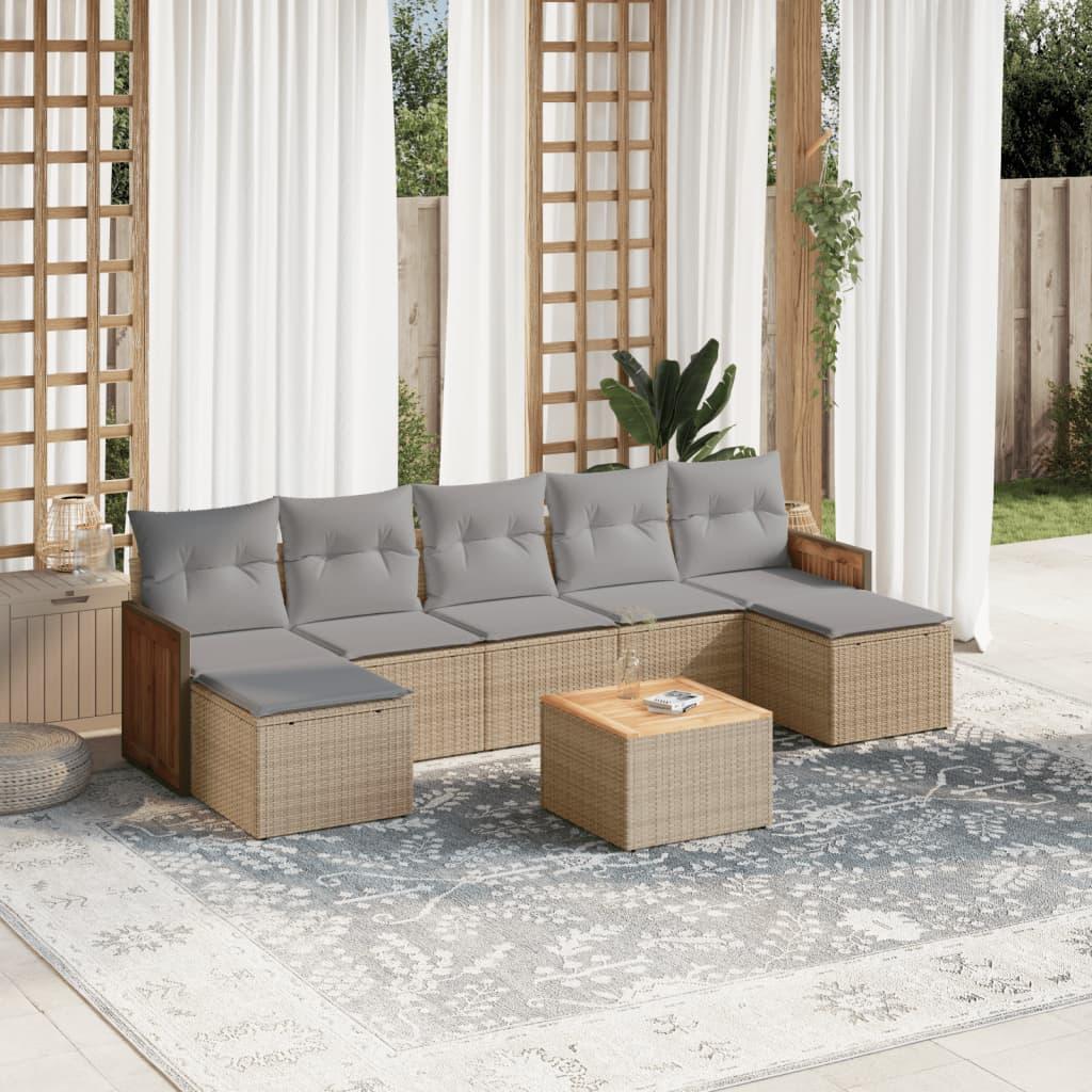 Sofasæt Til Haven 7 Dele Med Hynder Polyrattan Sort - beige og grå / Med bord